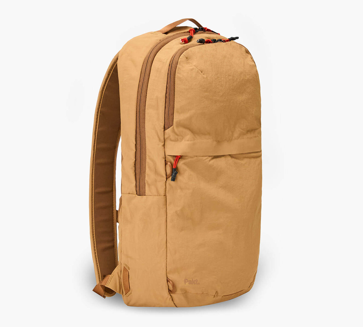 Tan packable 16L backpack, side view with red zipper pulls and Grandcart. logo