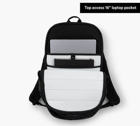 Backpack opened to show padded laptop sleeve and organizer, with label: Top access 16” laptop pocket.