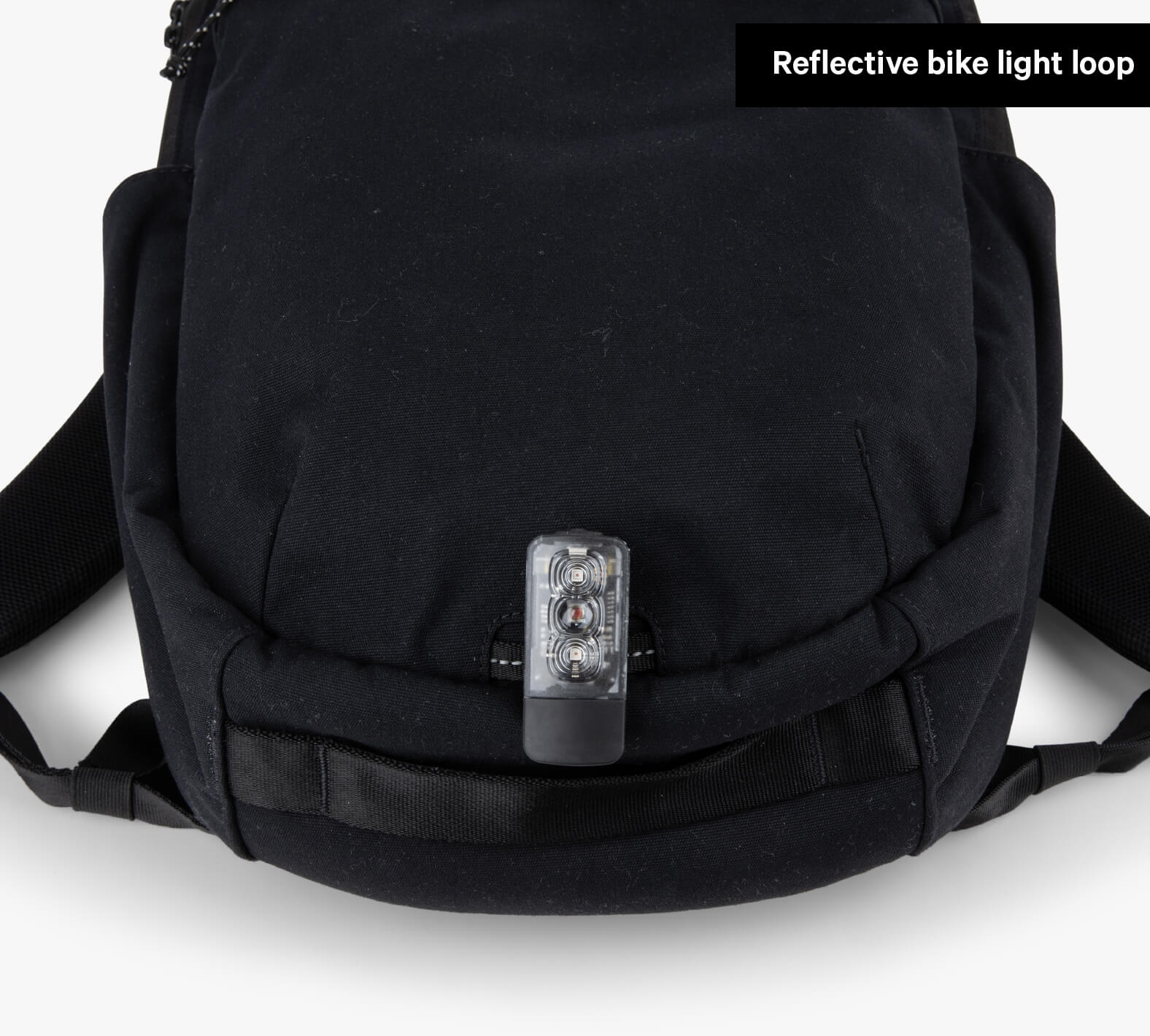 Front base of backpack with attached bike light and Reflective bike light loop label