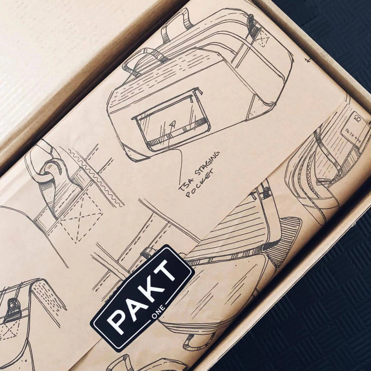 A packaging insert with sketches of a bag design showing a TSA staging pocket, with a label reading 'PAKT ONE'.