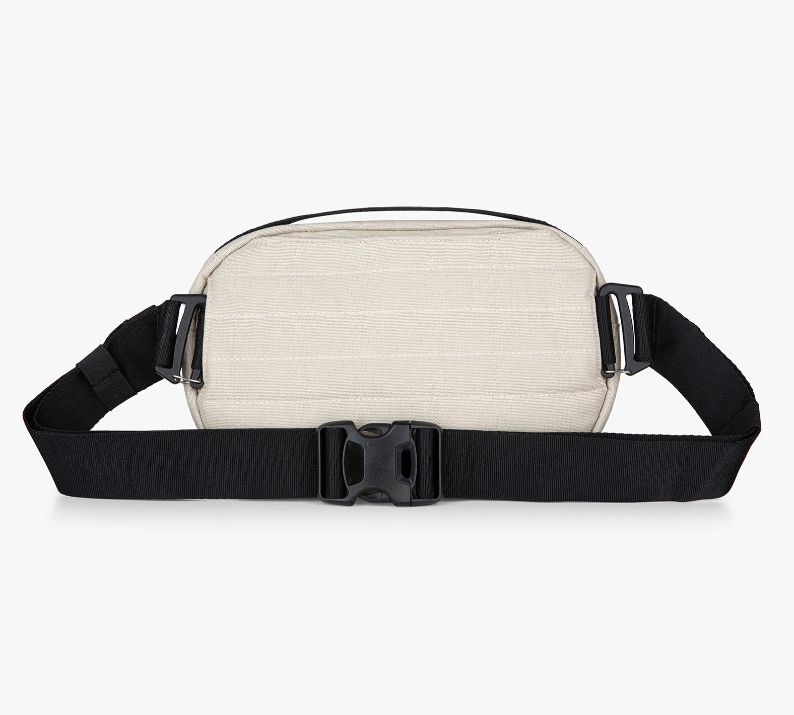 Beige quilted 3-liter sling bag, rectangular shape with horizontal stitching, black adjustable strap and center buckle