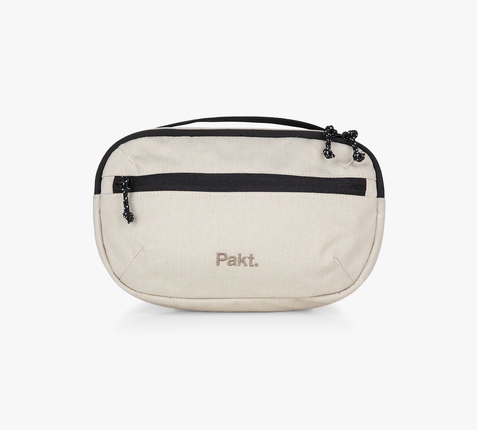 Beige canvas sling bag with black zipper, front pocket and "Pakt." embroidered logo