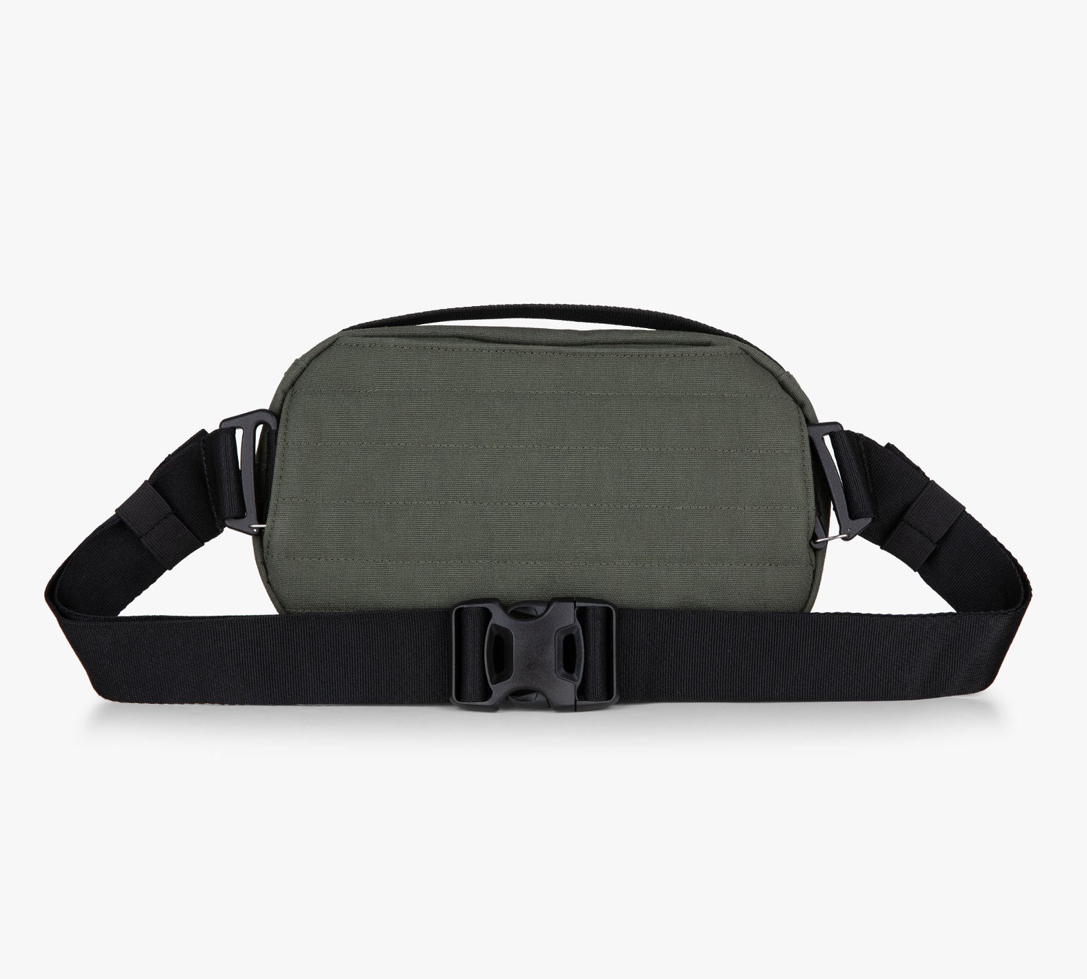 Olive-green compact sling bag with black adjustable strap and center buckle