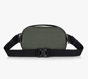 Olive-green compact sling bag with black adjustable strap and center buckle