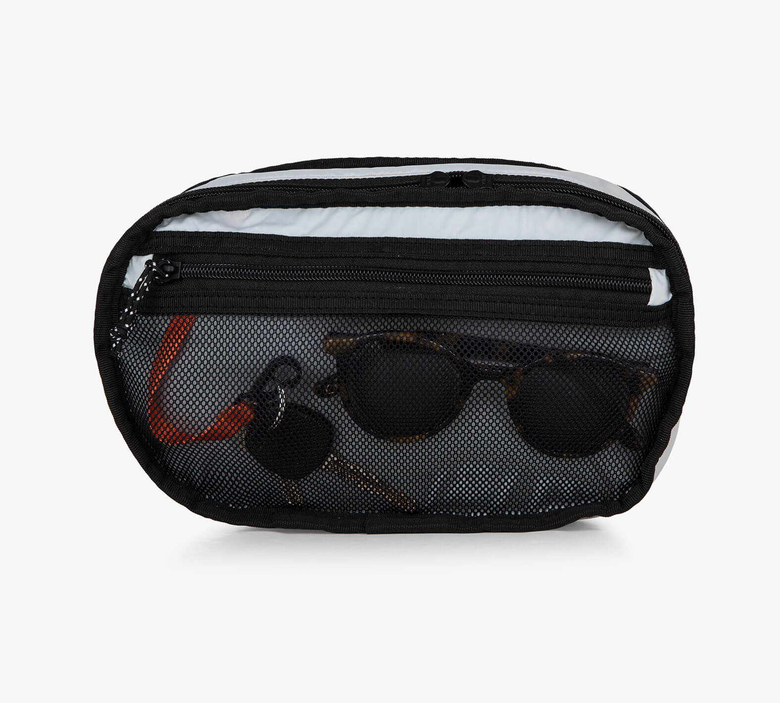 Black Everyday 3L Sling bag with front mesh pocket containing sunglasses and a keychain.