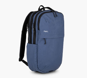 Blue backpack with "Pakt." logo, three zip compartments and a side pocket.
