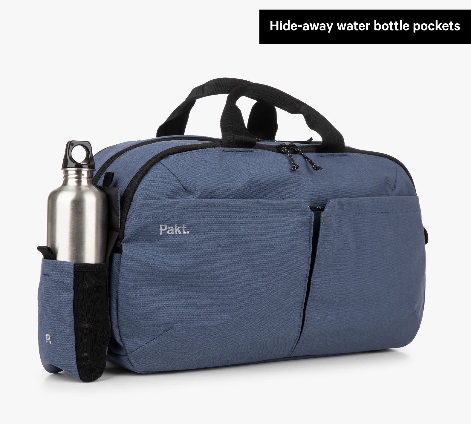 Blue Grandcart One Travel Duffel bag with visible brand logo and a water bottle in the hide-away water bottle pocket