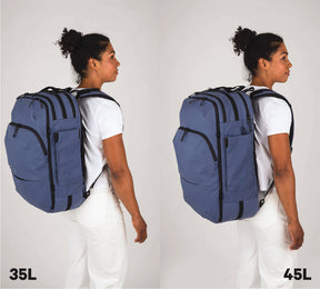 Side view of a person wearing two different sizes of an Ocean Travel Backpack, labeled 35L on the left and 45L on the right.