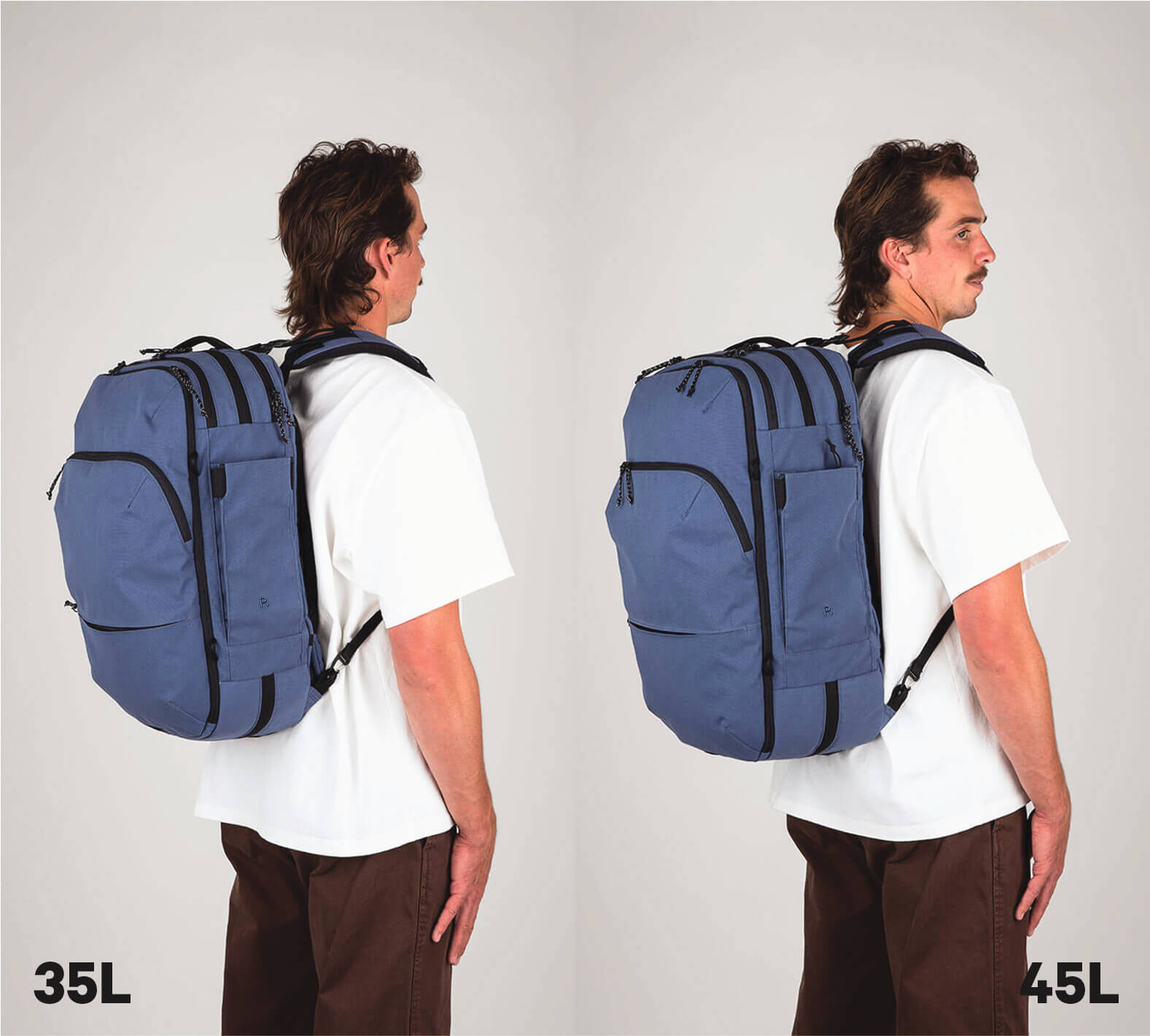 Side-by-side comparison of a man wearing two travel backpacks, one labeled '35L' on the left and a larger one labeled '45L' on the right.
