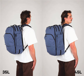 Side-by-side comparison of a man wearing two travel backpacks, one labeled '35L' on the left and a larger one labeled '45L' on the right.