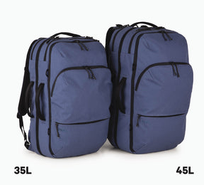 Two Ocean Travel Backpacks side by side, labeled 35L and 45L to indicate their capacities.