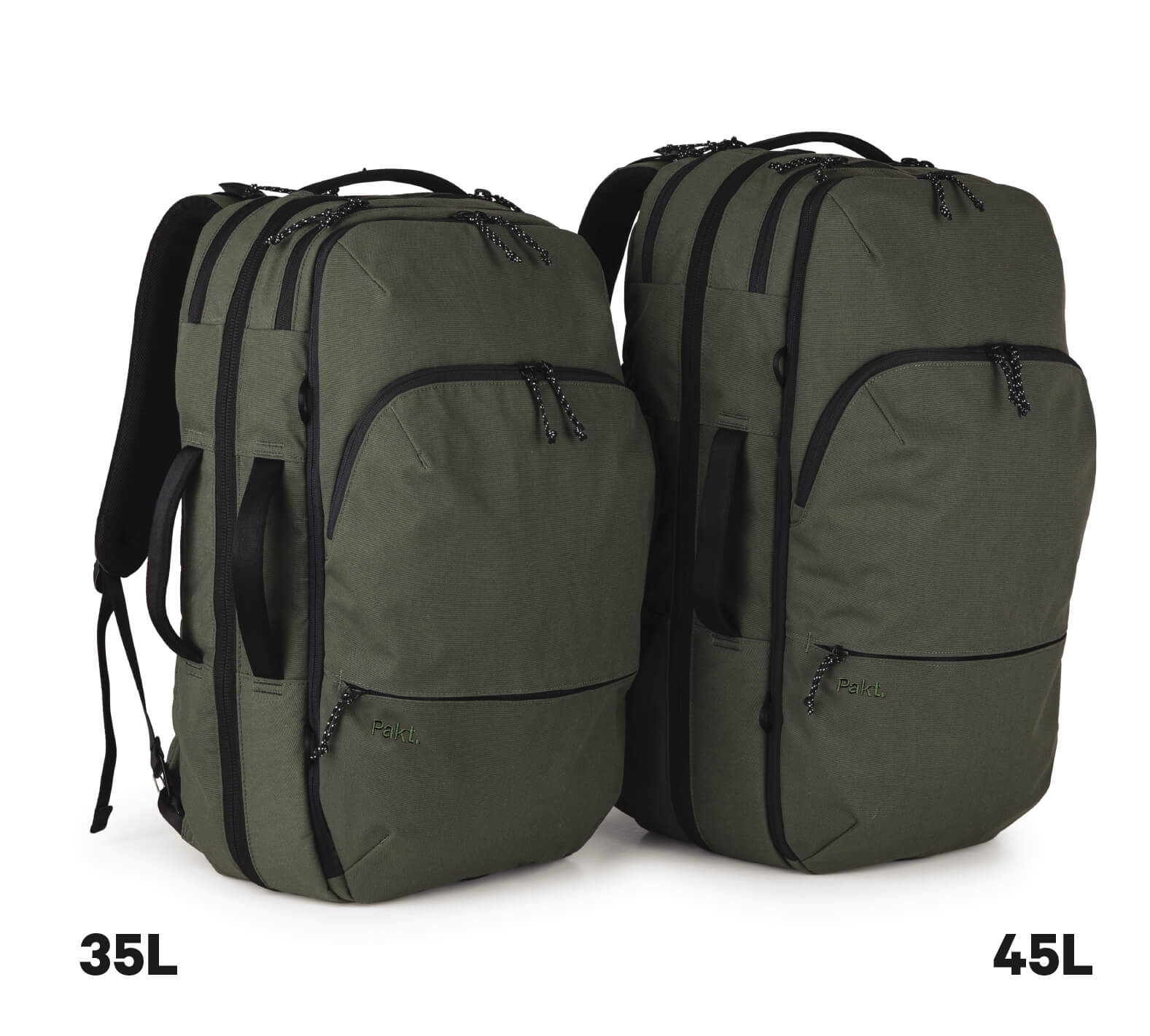 A side by side comparison of the two Travel Backpacks, one labeled 35L and the other 45L in black text below each backpack.