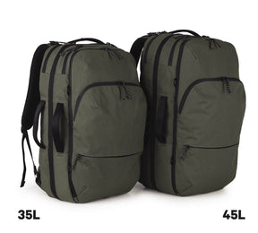 A side by side comparison of the two Travel Backpacks, one labeled 35L and the other 45L in black text below each backpack.