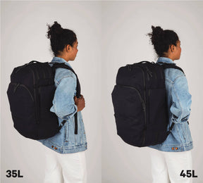 Grandcart Travel Backpack size comparison on a female model