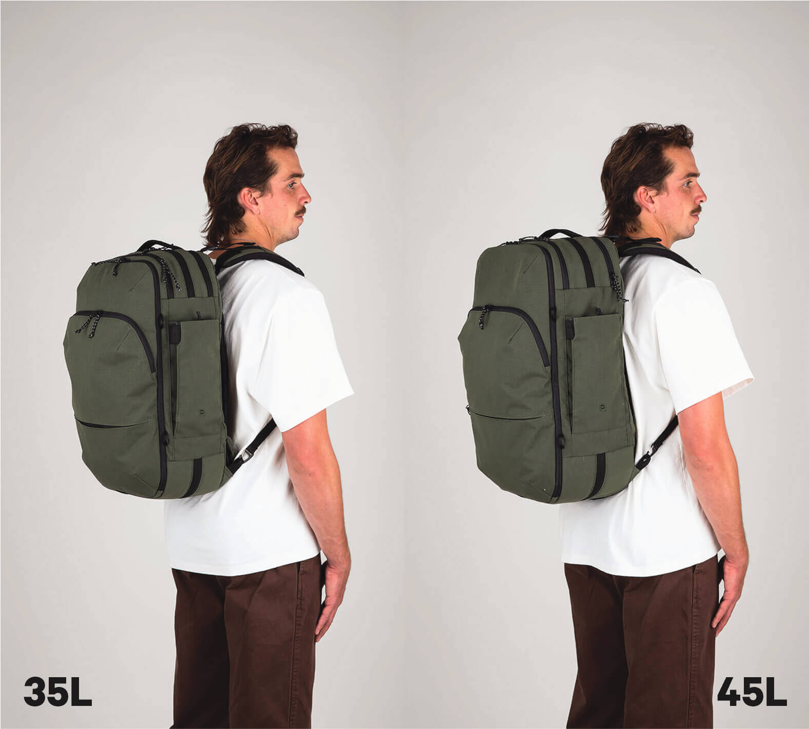 Side-by-side comparison of a man wearing two different sizes of the same travel backpack, labeled '35L' on the left and '45L' on the right.