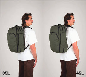 Side-by-side comparison of a man wearing two different sizes of the same travel backpack, labeled '35L' on the left and '45L' on the right.