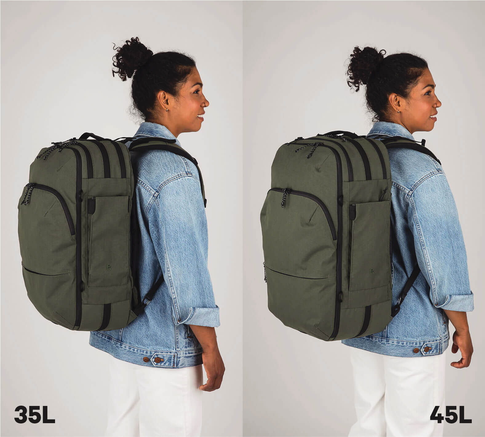 Side-by-side comparison of a person wearing two Travel Backpacks in different sizes: 35L on the left and 45L on the right.