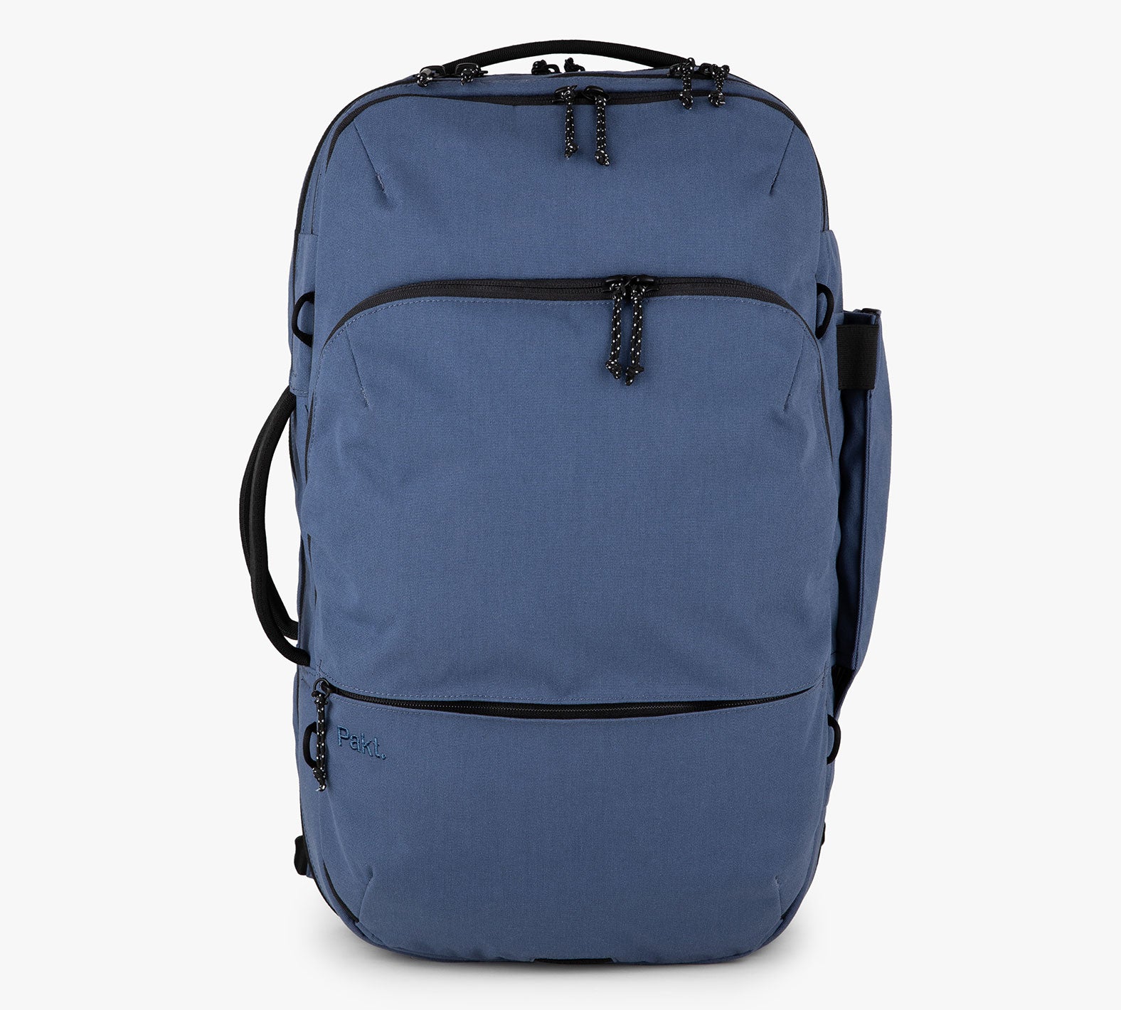Blue travel backpack with multiple zippered compartments and side handle