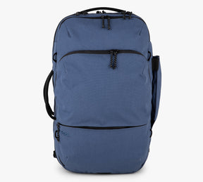 Blue travel backpack with multiple zippered compartments and side handle