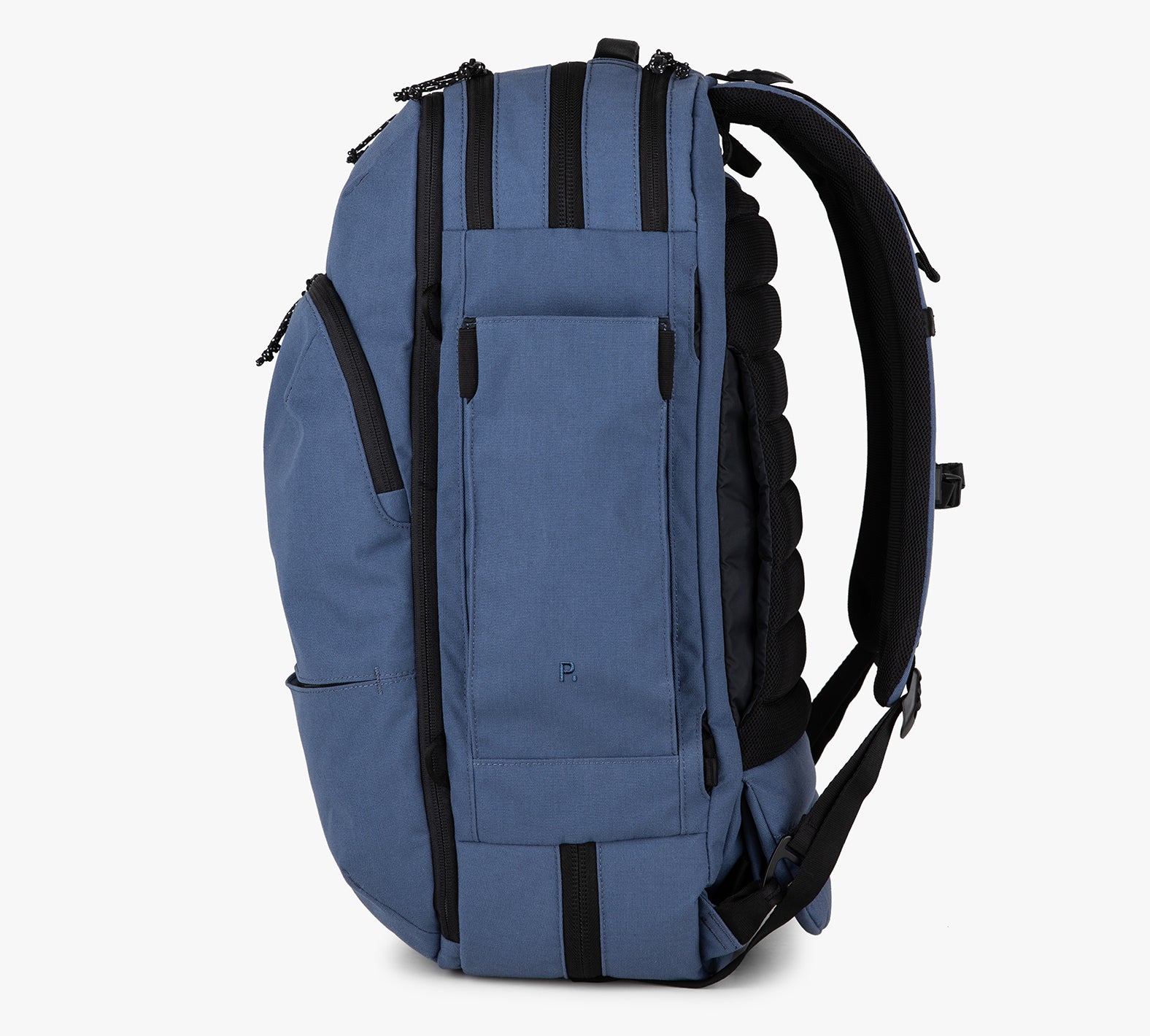 Side view of an ocean Travel Backpack with multiple compartments and padded shoulder straps.