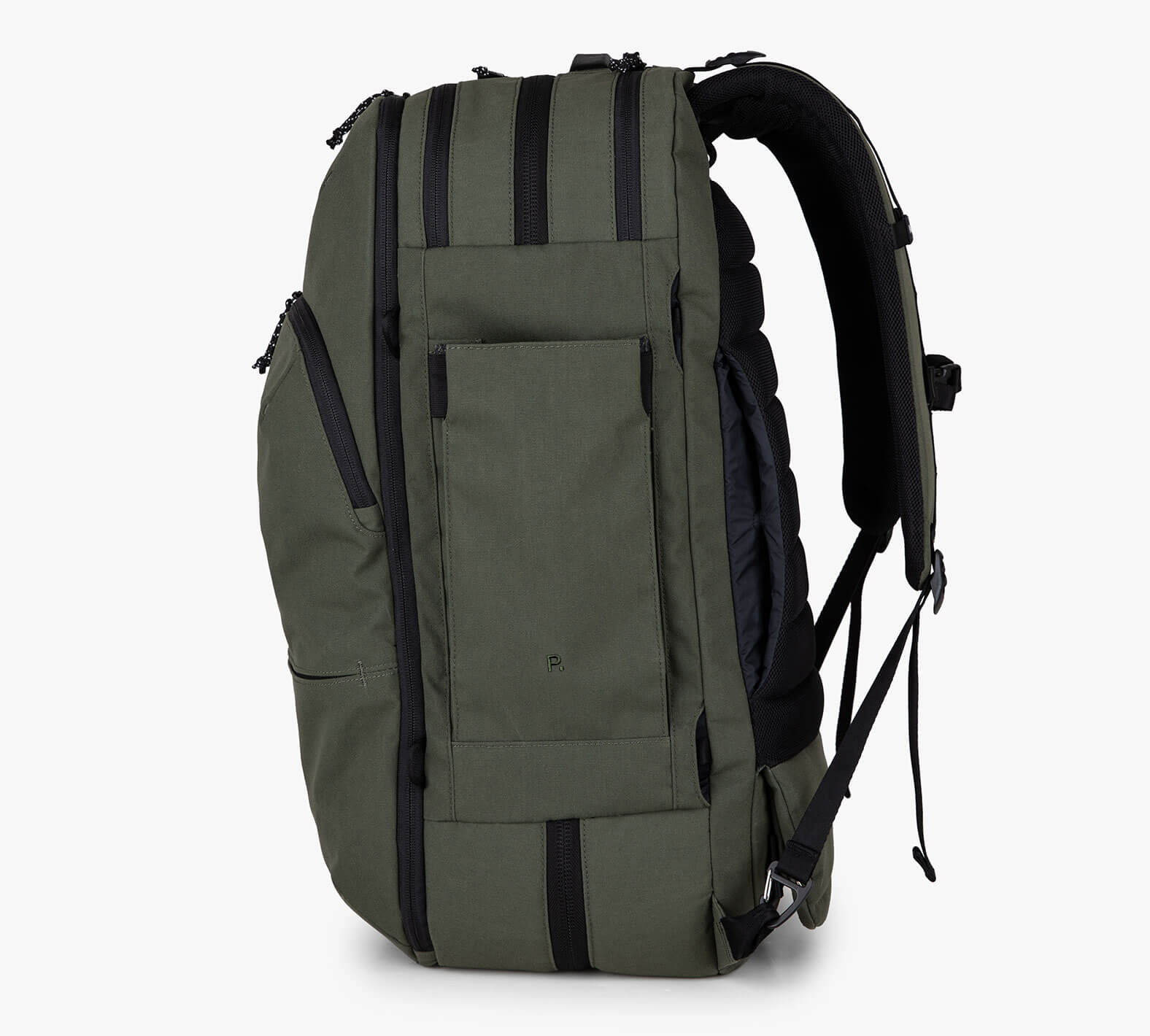 Side view of a forest Travel Backpack with multiple compartments and black straps.