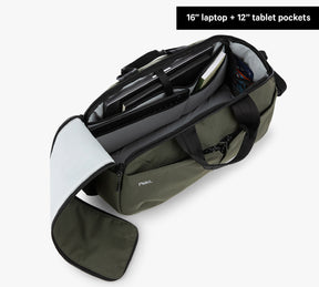 Open 25L duffel showing padded 16" laptop + 12" tablet pockets and organized interior
