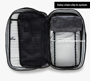 Open travel backpack showing interior compartments with labels: 'Daisy chain clip-in system' and 'Solid-seamable clip-in waterproof pouch'.