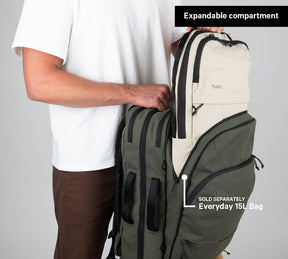 Person holding a Forest Travel Backpack, putting the Everyday 15L Bag in Sand inside. There is an expandable compartment label and text 'SOLD SEPARATELY Everyday 15L Bag'