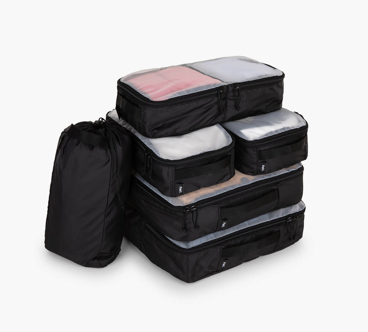 Stack of five black packing cubes with translucent mesh tops and one black drawstring pouch