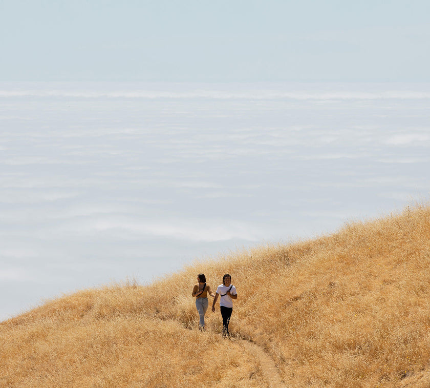 Two people walking on a dry grassy hillside under an overcast sky.