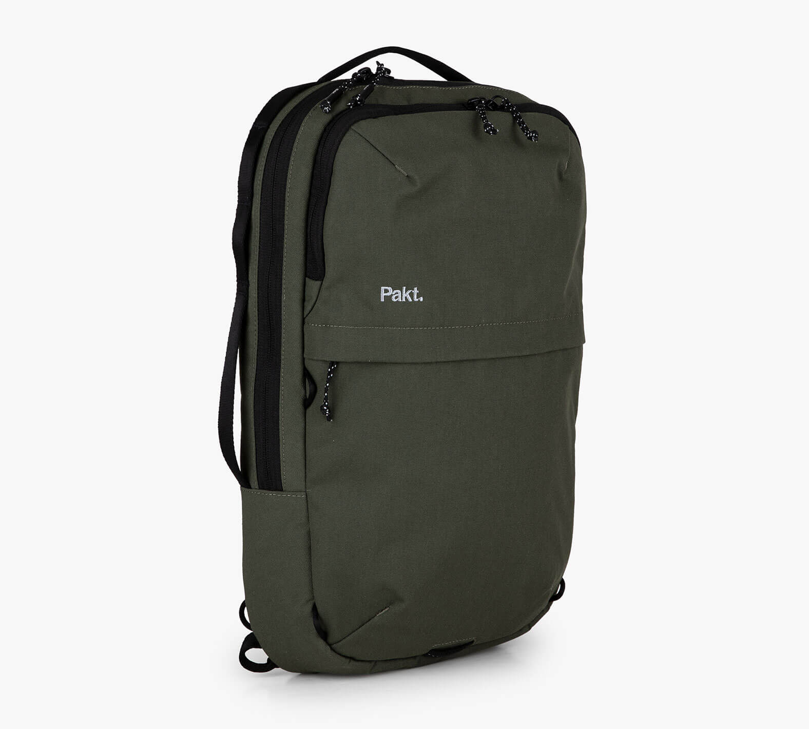 Olive green rectangular travel backpack with 'Pakt.' logo, front zip pocket and top handle.