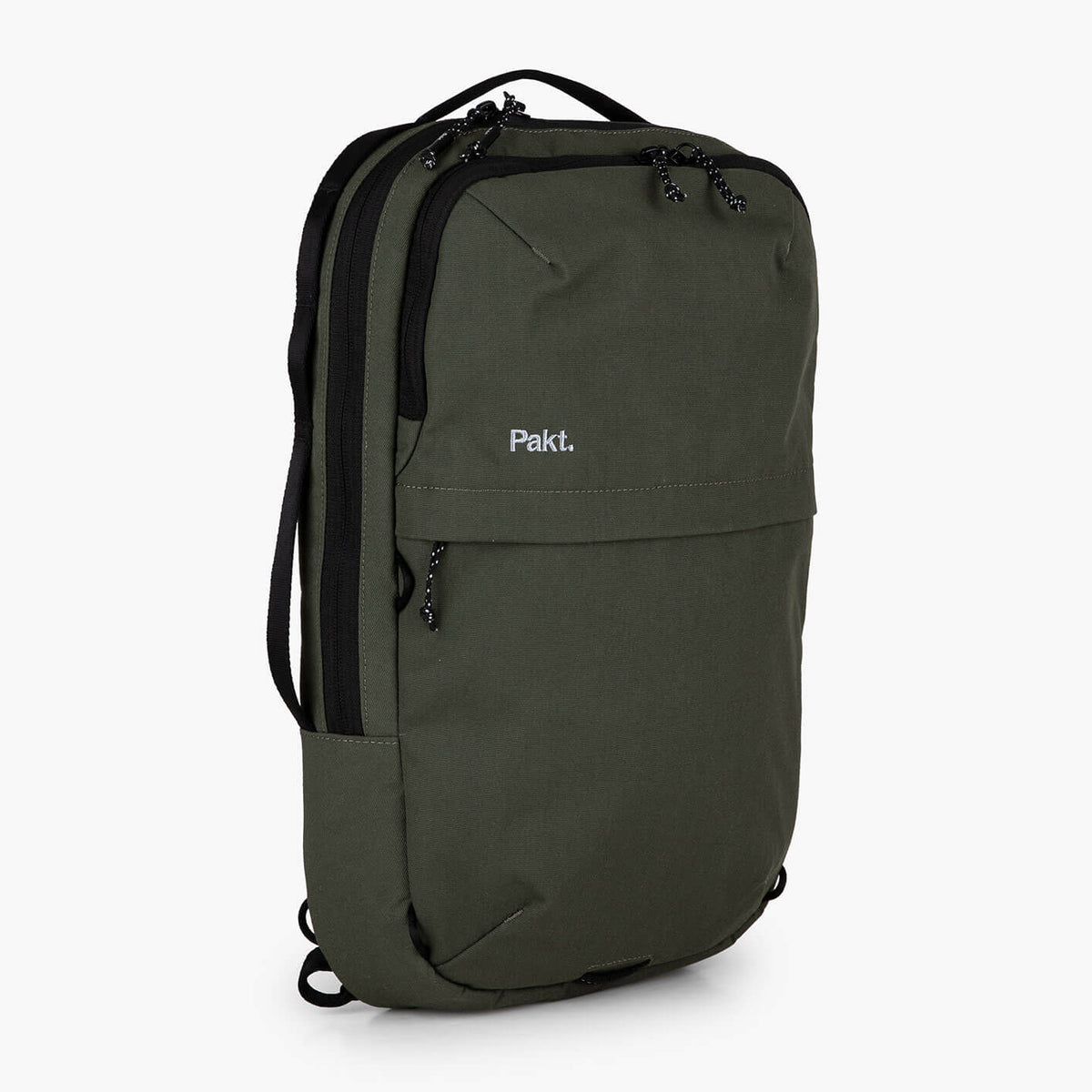 Olive green rectangular travel backpack with 'Pakt.' logo, front zip pocket and top handle.