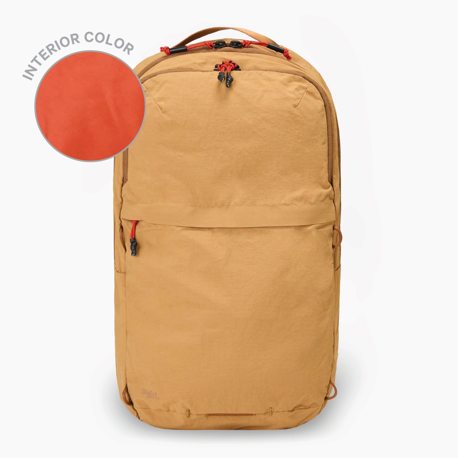 Tan packable 16L backpack with front pocket and orange swatch labeled INTERIOR COLOR.