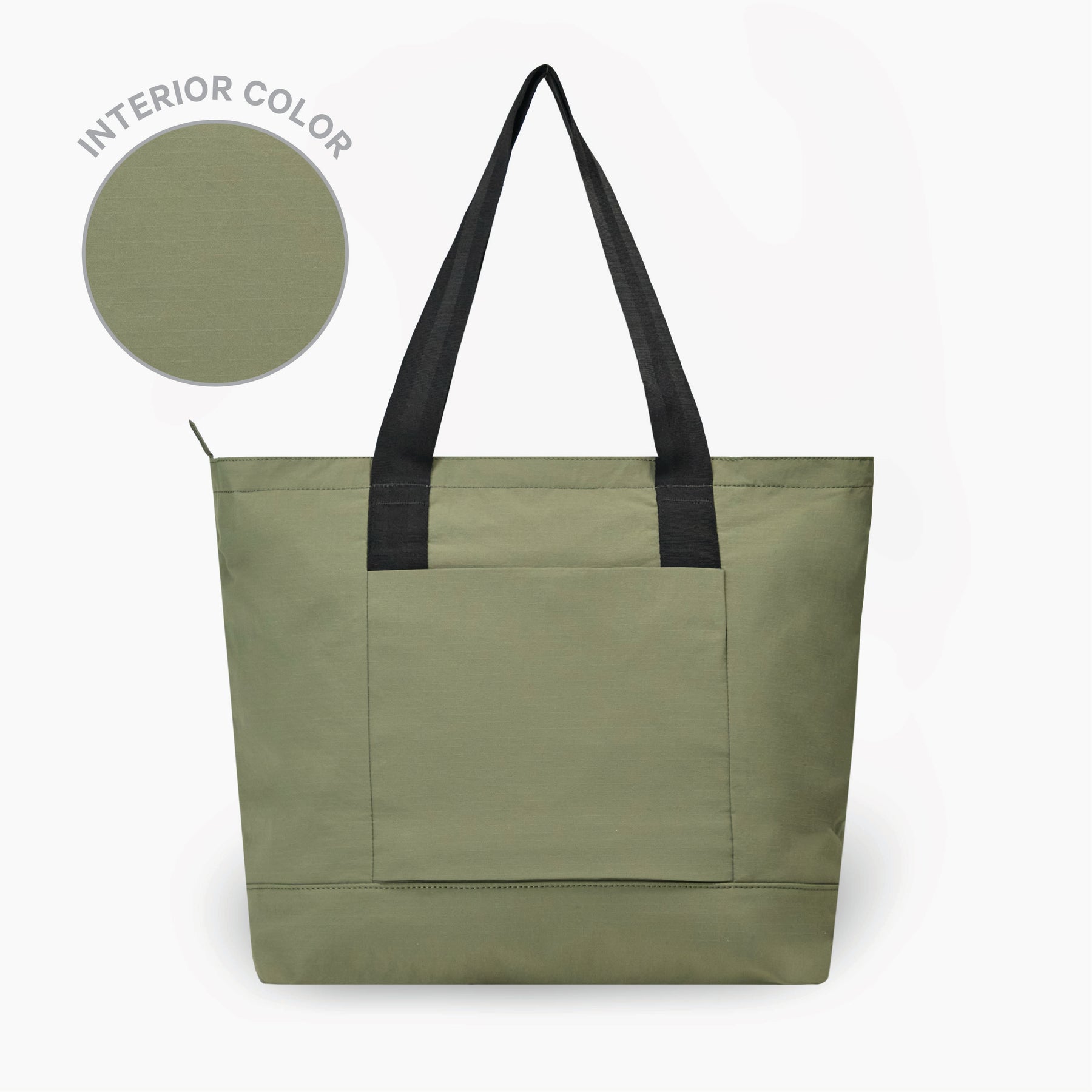 The Stash Tote in Cypress with black handles on a white background. To the left there is a circular swatch showing the interior color.