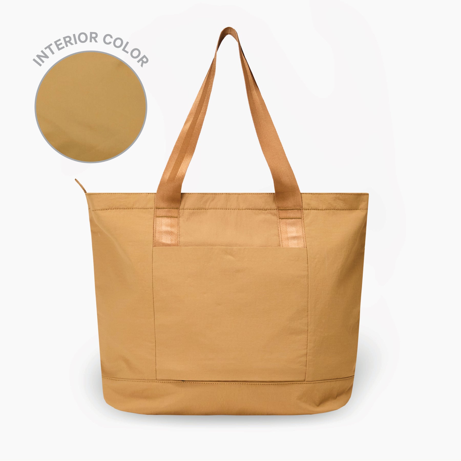 The Stash Tote in Mojave with black handles on a white background. To the left there is a circular swatch showing the interior color.