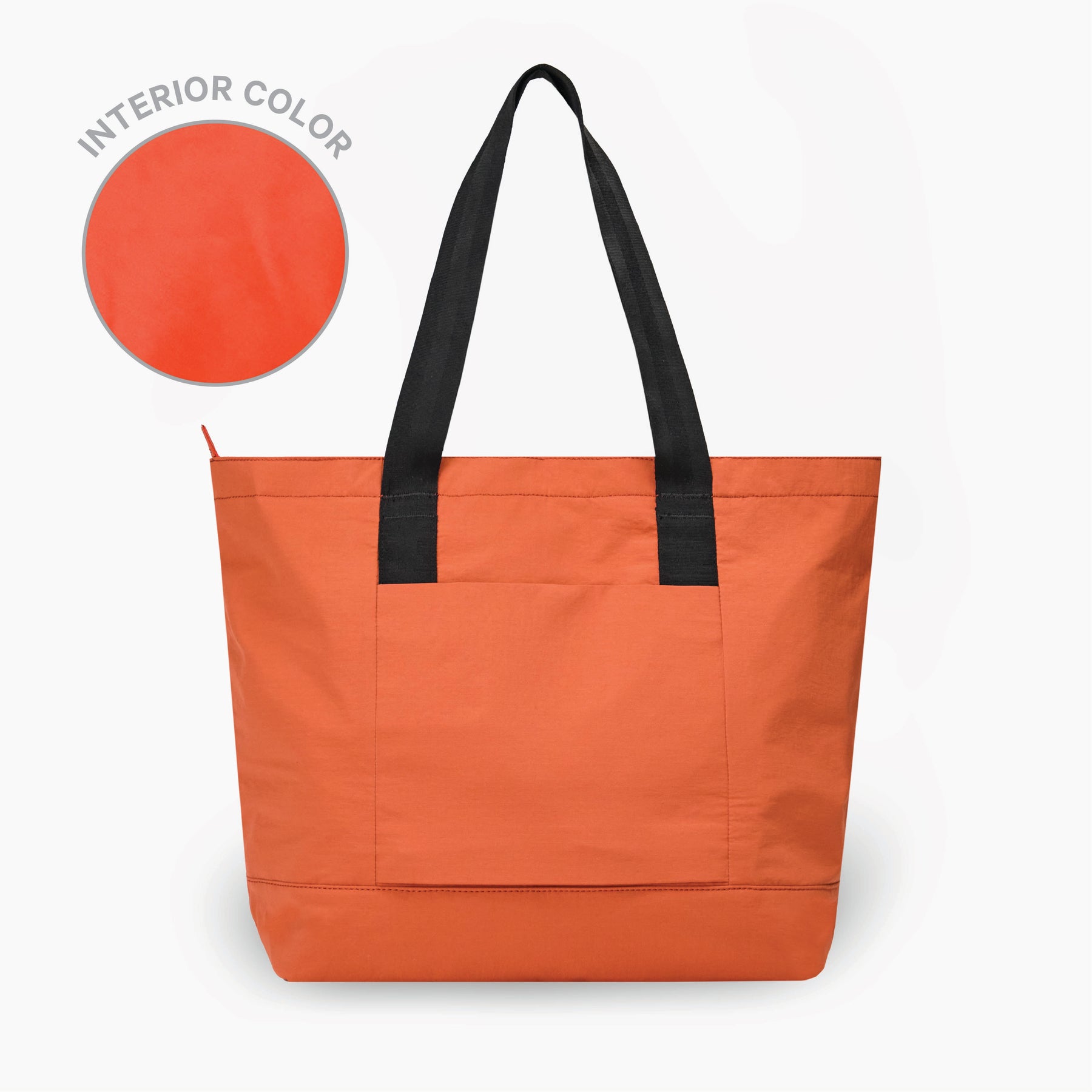 The Stash Tote in Sumac with black handles on a white background. To the left there is a circular swatch showing the interior color.